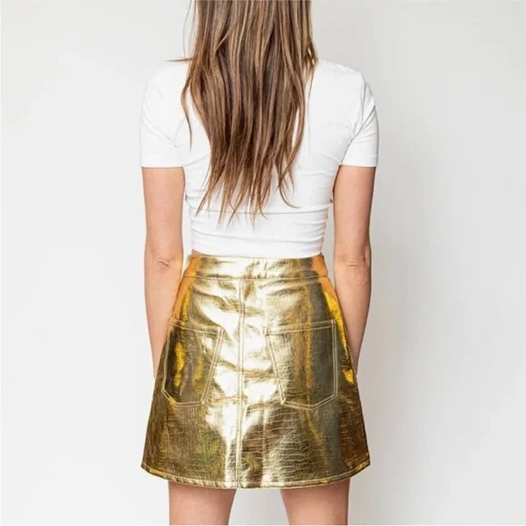 Torn by Ronny Kobo Donnie Mini Skirt Medium Gold Faux Leather Metallic - Picture 2 of 11